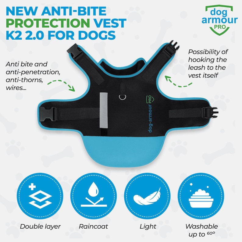 Pu&ograve; includere: Un giubbotto di protezione per cani blu e nero con la scritta "dog-armour PRO" sul lato. Il giubbotto &egrave; a doppio strato, impermeabile, leggero e lavabile. Il giubbotto ha un anello per attaccare un guinzaglio.
