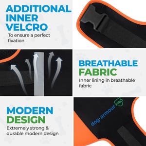 May include: Orange and black dog harness with adjustable straps and a breathable fabric lining. The harness has a velcro closure and the text "dog-armour PRO" is printed on the side.