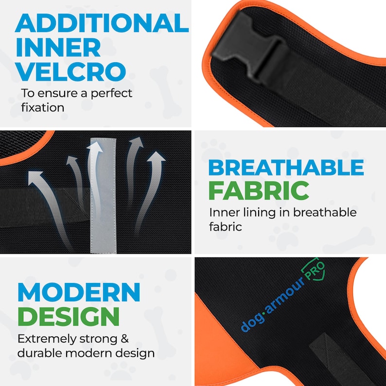 May include: Orange and black dog harness with adjustable straps and a breathable fabric lining. The harness has a velcro closure and the text "dog-armour PRO" is printed on the side.