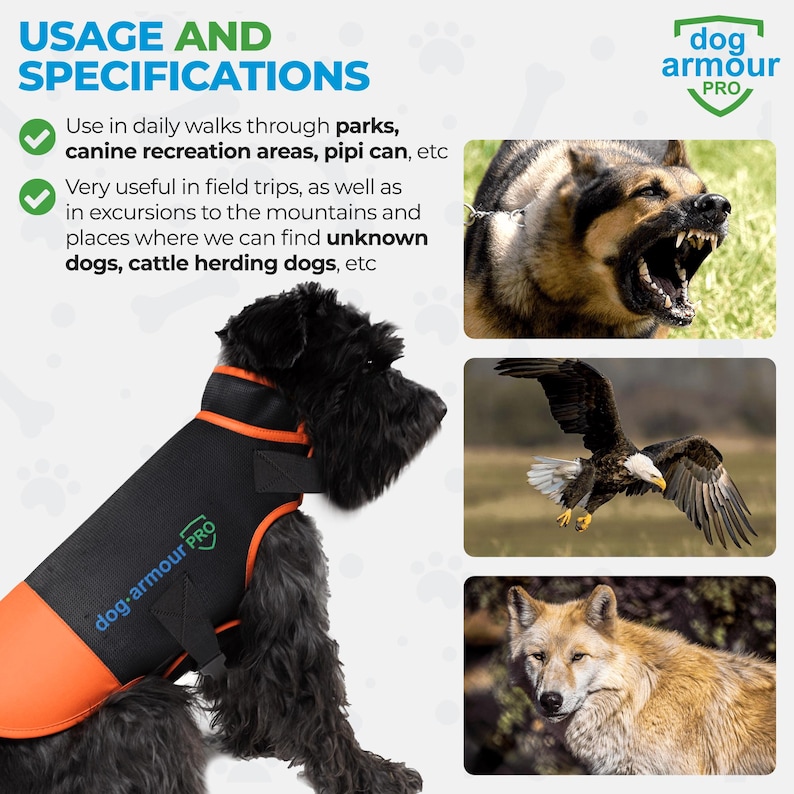 May include: A black dog wearing a black and orange dog armor vest with the text "dog-armour PRO" on it. The dog is standing on a white background. The image also shows a German Shepherd, a bald eagle, and a wolf.