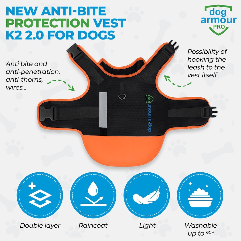 May include: Orange and black dog protection vest with the text "NEW ANTI-BITE PROTECTION VEST K2 2.0 FOR DOGS" and "dog-armour PRO". The vest has a double layer, is waterproof, light, and washable.