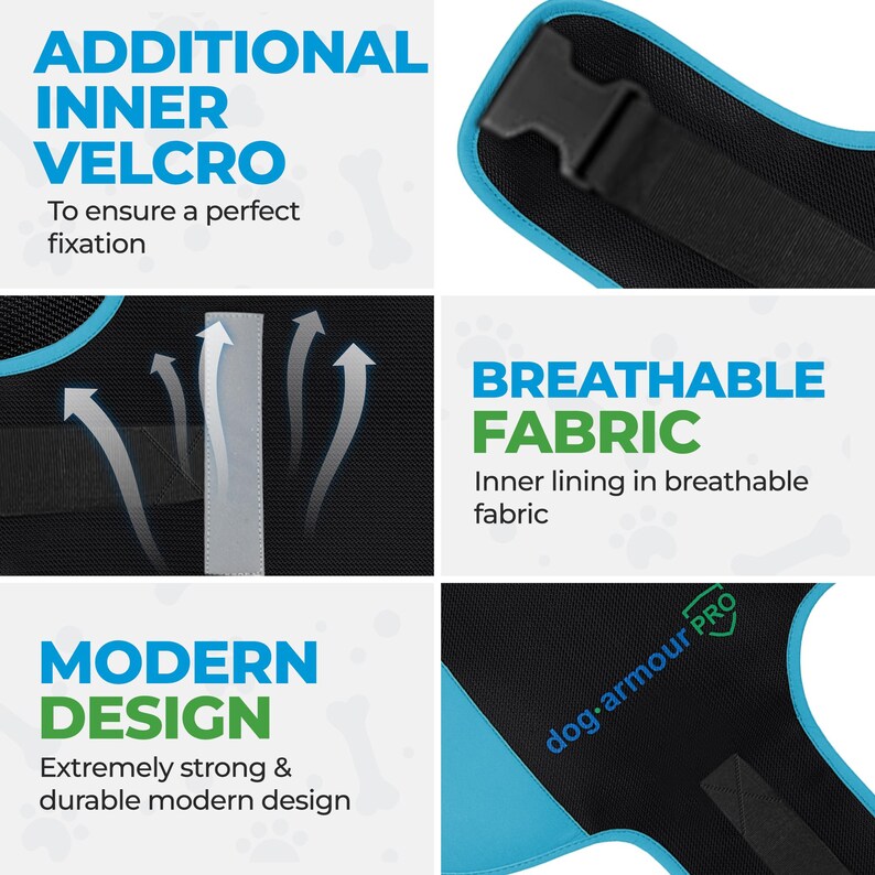 Pu&ograve; includere: Un'imbracatura per cani nera con rifiniture blu e una fodera in tessuto traspirante. L'imbracatura ha una chiusura in velcro e un design moderno. Il testo "dog-armour PRO" &egrave; stampato sull'imbracatura.