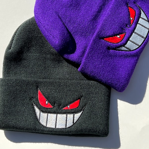 Gengar Grin, Gengar Beanie, Embroidery Cuffed Beanie, Men Women Unisex, anime hat , Gengar Gift