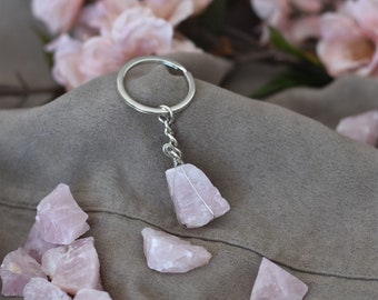 Rough Rose Quartz Crystal Keychain With Silver Clip Handmade in