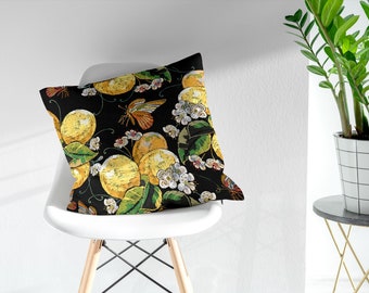 Floral Flowers Yellow Embroided Fruit Butterfly Custom Personalized Sofa Throw Pillow Case, Linen Velvet Decorative Cushion Cover Gift