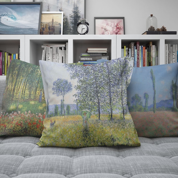Tree Flower Field Country Claude Monet Peinture à l’huile Canapé personnalisé Jeter Taie d’oreiller, Lin Velours Housse de coussin décoratif Cadeau