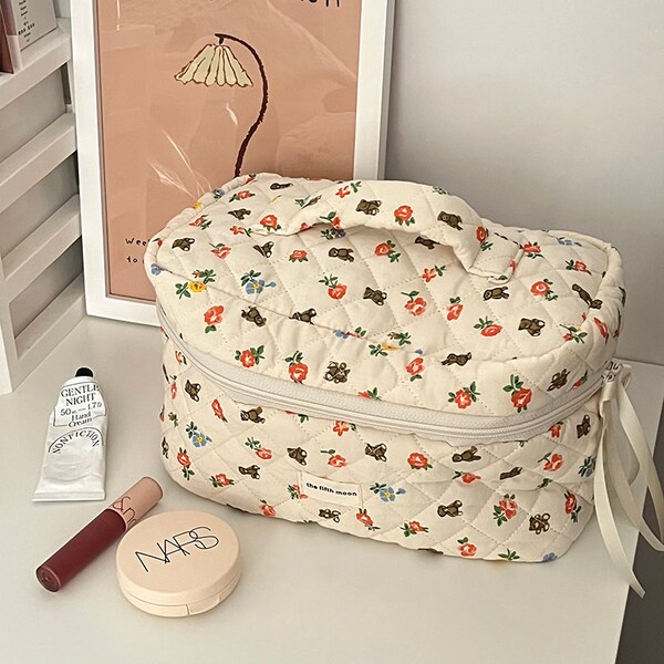 Motif d’ours Kawaii Grand sac de maquillage, organisateur cosmétique vintage, sac de maquillage ou grand sac de maquillage, trousse de toilette, pochette de voyage