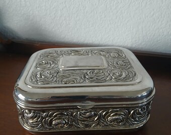 Vintage 1980s International Silver-Plated Jewelry Box with Red Velvet Lining, Roses/Floral, Excellent Condition