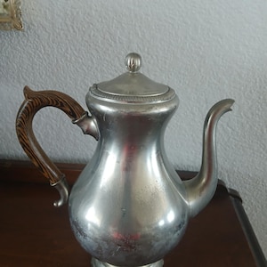 Vintage Mid Century 1950s Pewter Royal Holland Pitcher/Coffee Pot, Stamped with Crown KMD TIEL, Polished Wood Handle