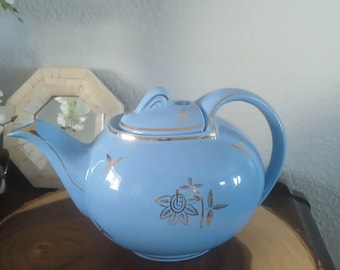 Vintage 1940s Hall Pottery 6-Cup Cadet Blue Teapot with Hook Lid and Gold Floral Motifs