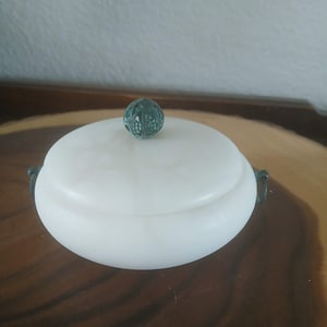Vintage Hand Carved Alabaster Trinket Round Lidded Dish, Intricate Knob on Lid and Handles, READ Description