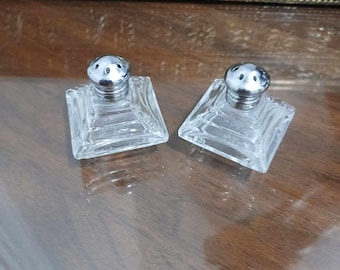 Vintage Art Deco Style Mid Century MCM 1960s to 1970s Salt and Pepper Glass Shakers with Chrome Lids