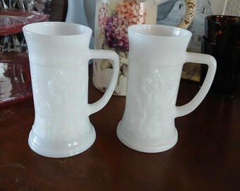 Vintage 1960s Mid Century MCM Federal Milk Glass Beer Steins/Tankards with a Tavern/Pub Scene - Sold as a Set, Barware