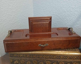 Vintage MCM 1960s Gentlemen's Solid Wood Valet with Brass Handles  "London Leather" with Felt Lined Drawer, Wallet Holder (Removeable)