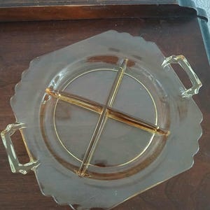 Vintage Depression Era 1940s Yellow/Topaz 4 Part Divided Relish Handled Plate, UV Glow