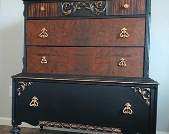 1930s to 1940's Depression Era Black Dresser Solid Wood Original Hardware Hand-Painted, Gold Gilding Wax, Stained Wood