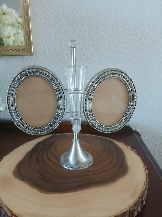 RARE! Double Oval Picture Frames with Epergne/Glass Bud Vase on a Base, Silver Toned Metal (Possibly Pewter), No Markings
