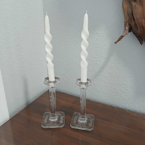 FREE Shipping! Vintage Glass 1930s Fostoria Etched Daisy Floral Column Candlesticks Candle Holders - Pair, Slight Uranium Glow
