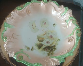 Vintage Depression Era 1940s Green and Peach Transferware Bowl, Serving Cabinet Bowl, READ Description