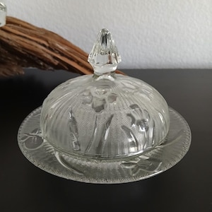 Vintage Jeanette Glass Iris and Herringbone Lidded Butter Dish