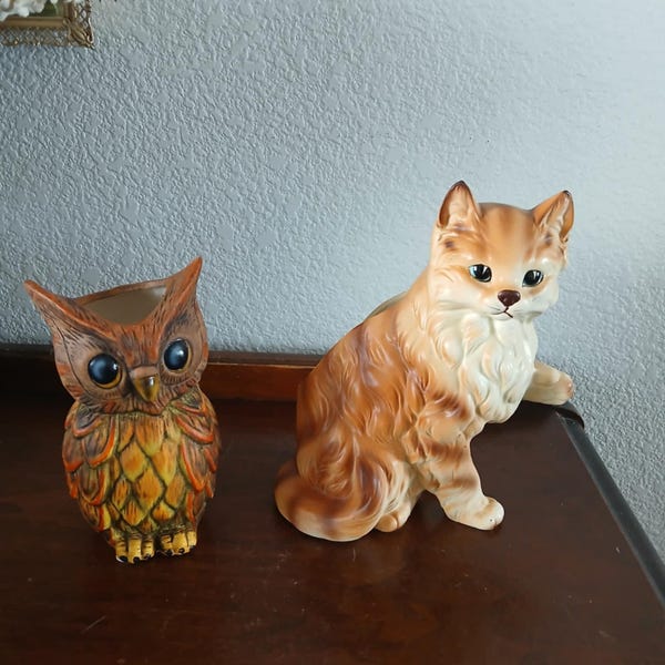 Vintage Mid Century 1960s Lefton Japan Orange Tabby Cat/Kitten Planter & 1960s Owl Planter, Matte Finish, Hand Painted, Porcelain