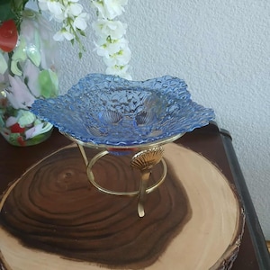 Cobalt Blue Star Fish Shaped Bowl/Dish with Shell Feet, Bubble Pattern with Brass Clam Shell Stand, 1970s
