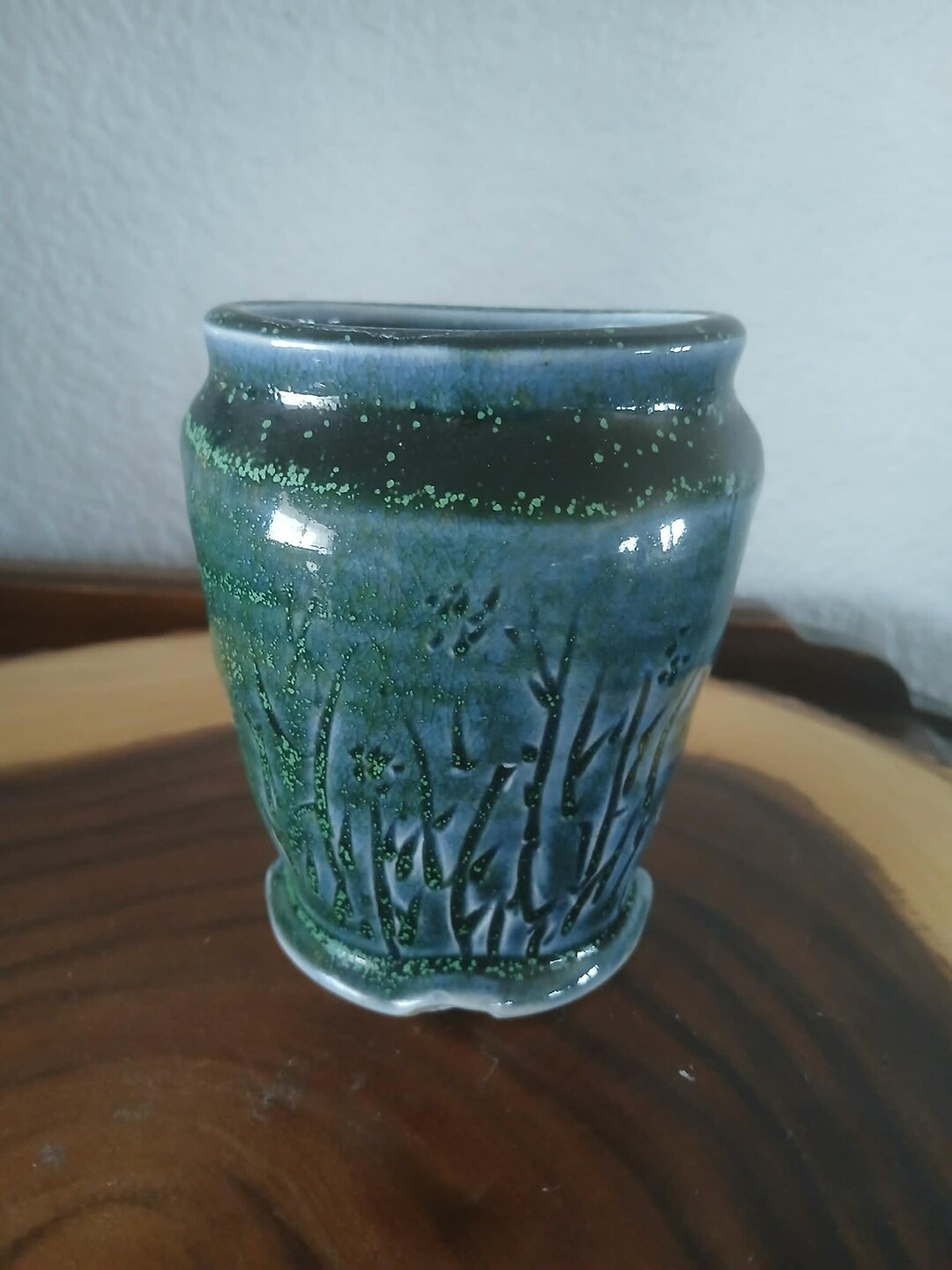 Hand Thrown Studio Pottery Blue/green Vase, Asian Style With Bamboo ...