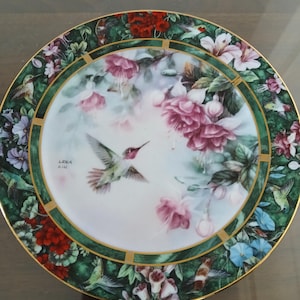 Vintage Lena Liu&#39;s Anna&#39;s Hummingbird, Collector&#39;s Plate, Flowers/Floral, Gold Rim,  Bradford Exchange, Display Only