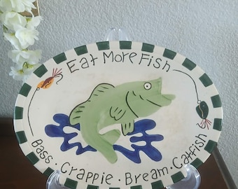 Vintage Hand-Painted, Ceramic "Eat More Fish", Bass, Crappie, Bream and Catfish with Lures Plate/Platter, Made in China, Discoloration