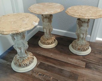 Exquisite Vintage 1970s Marble/Plaster Angel Cherub Side Tables or Plant Stands, Pre-Owned, Shipping is NOT Free, Read Description