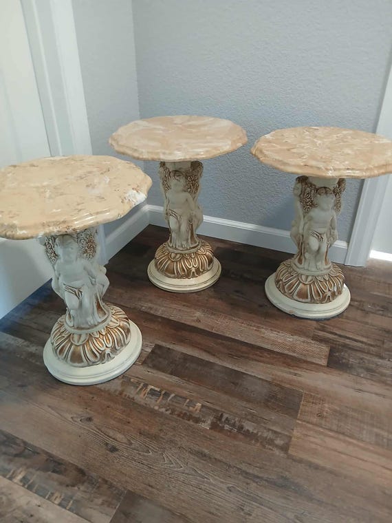 Shipping NOT Free! Exquisite Vintage 1970s Faux Marble/Plaster Angel Cherub Side Tables or Plant Stands, Pre-Owned, READ Description