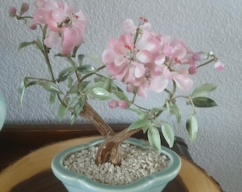 Vintage 1970s Rose Quartz and Jadeite Bonsai Tree, Celadon Vase, READ Description