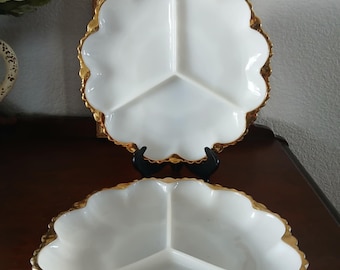 Vintage Mid Century Modern MCM 1950s Anchor Hocking Fire King Milk Glass Gold Rimmed Deviled Egg/Relish Plate - Choice