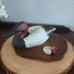 Vintage Canvasback Porcelain Decoy Duck (no markings) with Glass Eyes, Hand Painted and Enesco Resin Common Pochard Mini Duck, Sold as Set