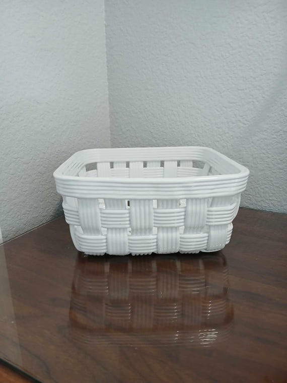 Heavy White Glazed Clay Basket Weave Basket Made in Slovenia - Farmhouse Decor, Mother's Day, Valentine's Day