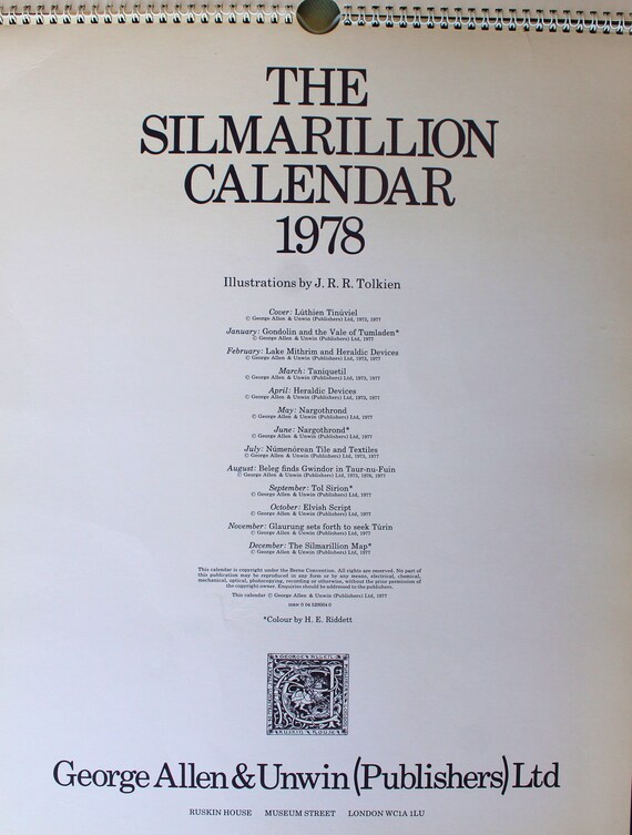 Tolkien Calendar, the Silmarillion, 1978, Tolkien Drawings, Excellent  Condition - Etsy