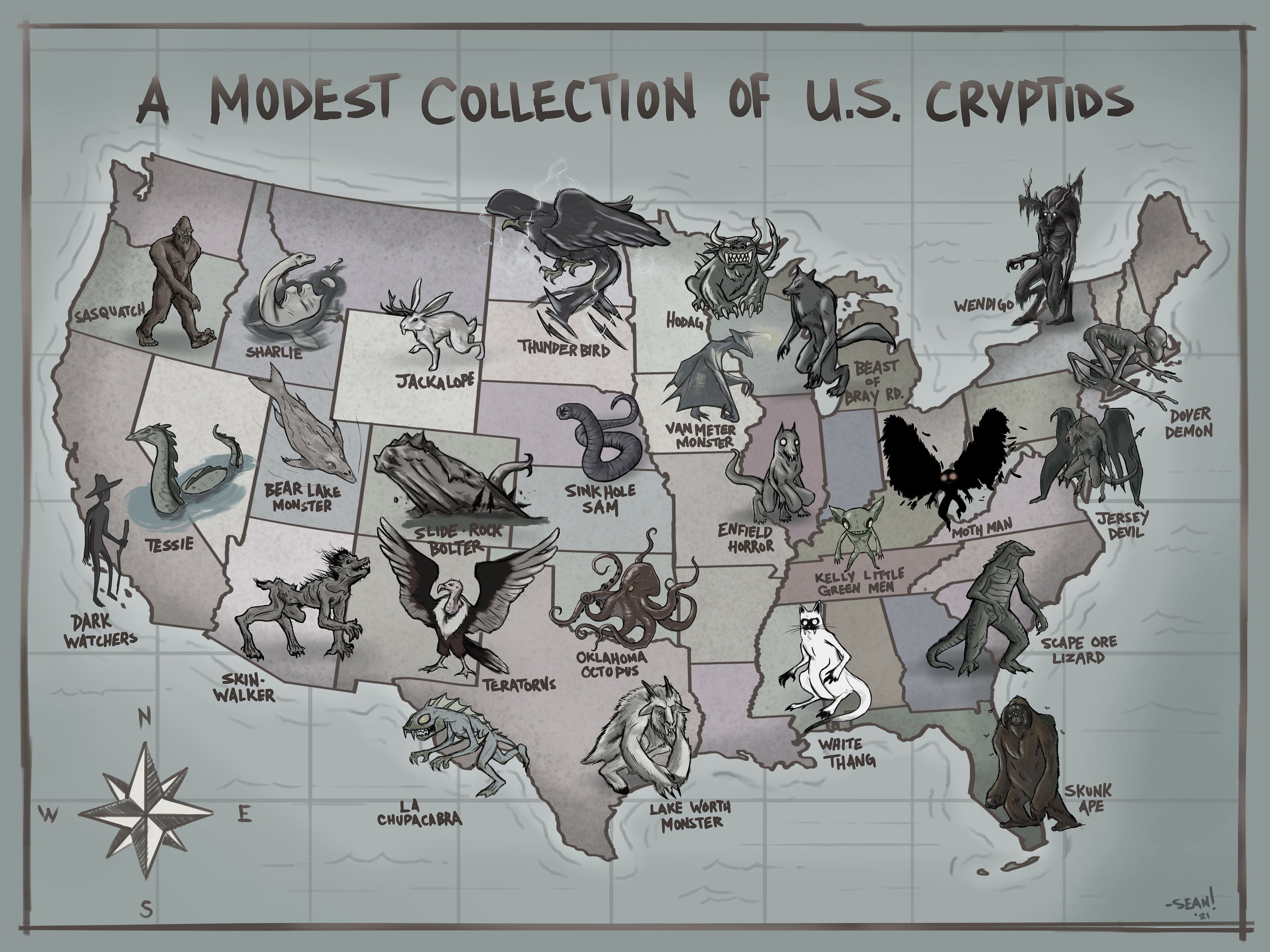 U.S Cryptid Map sepia - Etsy