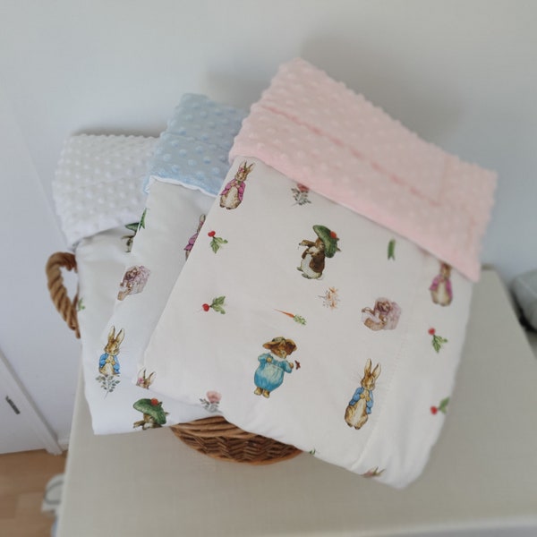 Handmade soft padded peter rabbit and friends pink, blue and white baby blanket shower gift  quilt