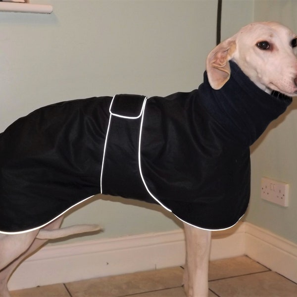 Greyhound lurcher whippet Navy wax waterproof  dog coat fleece lined with reflective piping edge