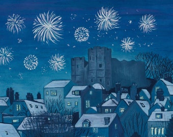 Lewes castle at night, Christmas greeting art card, Lewes, East Sussex