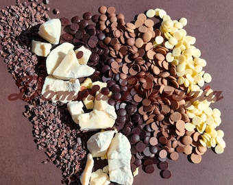 Materie prime di cacao puro: fave, granella, burro, cioccolato e massa di cacao al 100% / 5 diverse origini