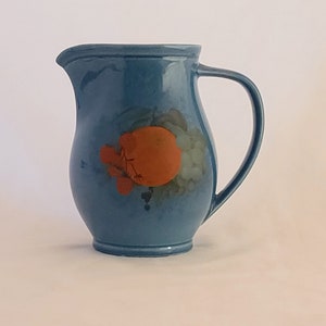 Vintage Hyalyn Blue Pitcher with Fruit Design