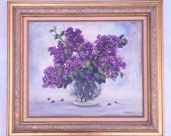 Branches de lilas violettes dans un vase en verre sur toile / Grande peinture originale encadrée