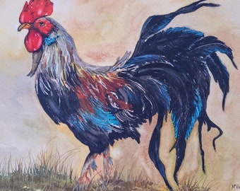 Framed Handpainted Watercolor Painting / Colorful Rooster