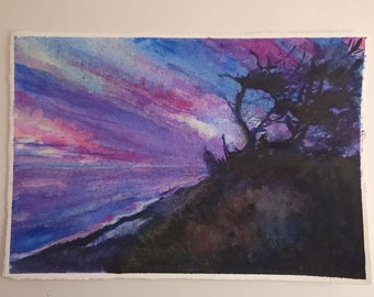 Handpainted Watercolor Night Landscape Scene