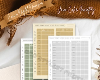 May include: Three printable inventory trackers for Joico hair color products. Each tracker is labeled with the product name and includes columns for shade, stock, buy, and fav. The trackers are designed for use with Joico's K-Pak Creme Permanent, Lumishine Creme Permanent, and Age Defying Permanent hair color lines.