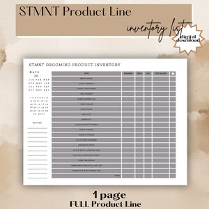 Op de afbeelding: Een grijze en witte printbare inventarislijst voor een verzorgingslijn. De lijst bevat een kalender, productnamen en kolommen voor back bar, verkocht, belasting en topverkoper. De titel van de lijst is "STMNT Grooming Product Inventory".