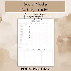 May include: A printable social media posting tracker template with a white background and pink accents. The template includes a calendar grid with dates and days of the week, and a section for notes. The template also includes icons for Facebook, Instagram, YouTube, Twitter, and TikTok.