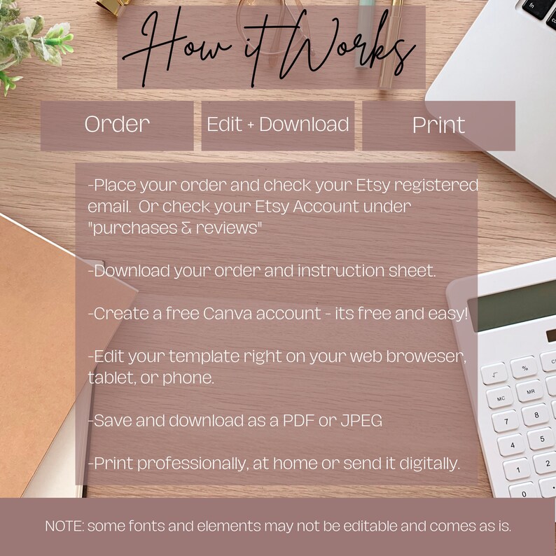May include: A how-to guide for creating printable designs using Canva. The guide includes instructions for placing an order, downloading the design, and printing it. The text includes the phrase "Create a free Canva account - its free and easy!"