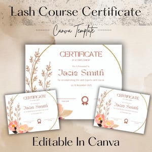 May include: A certificate template with the text "Lash Course Certificate" and "Canva Template". The certificate is white with floral and gold accents. The text "Editable in Canva" is at the bottom.